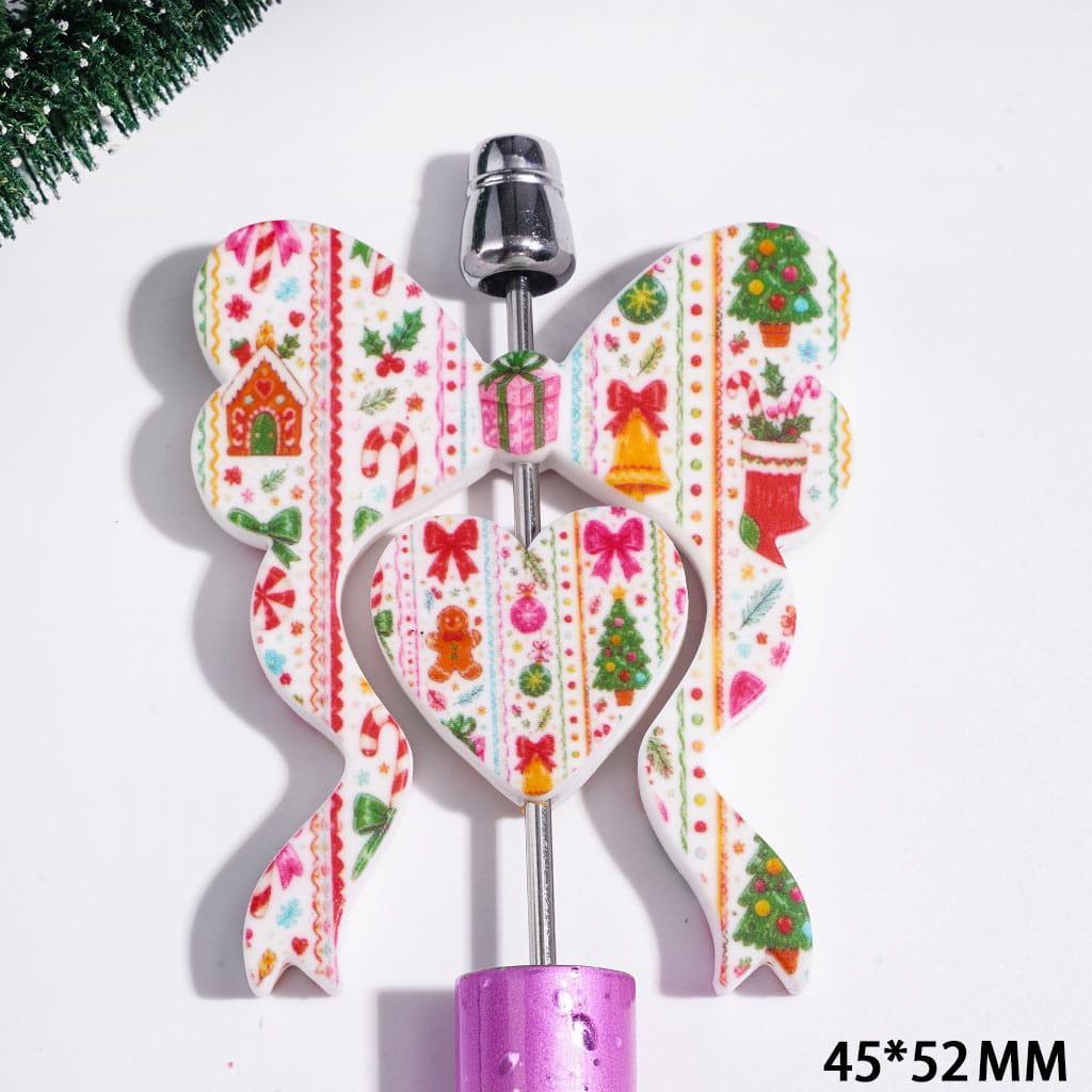 Christmas Series Collection Set Silicone Focal Beads, Bowtie and Heart with Lace Stripes House Tree Gift Box Sock Candy Cane Pattern, 45*52MM
