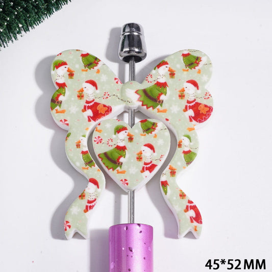 Festive White Goose with Christmas Hat Design Bowtie & Heart-Shaped Silicone Focal Beads Collection Set, 45*52MM
