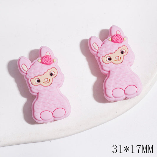 Adorable Pink Alpaca with Rose Flower Silicone Focal Beads, 31*17MM