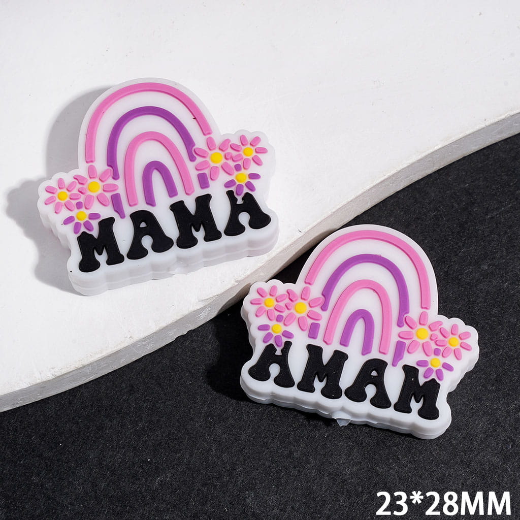 Adorable Pink and Purple Rainbow Design with Daisy Flower and and Text "MAMA" Silicone Focal Beads, 23*28MM