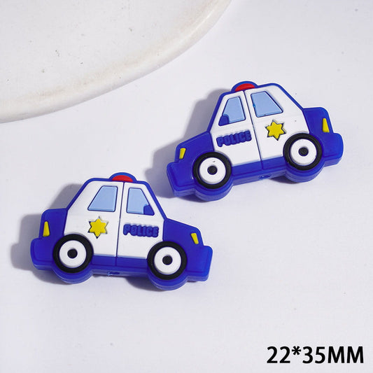 Cartoon-Style Blue and White Police Car Silicone Focal Beads, 22*35MM