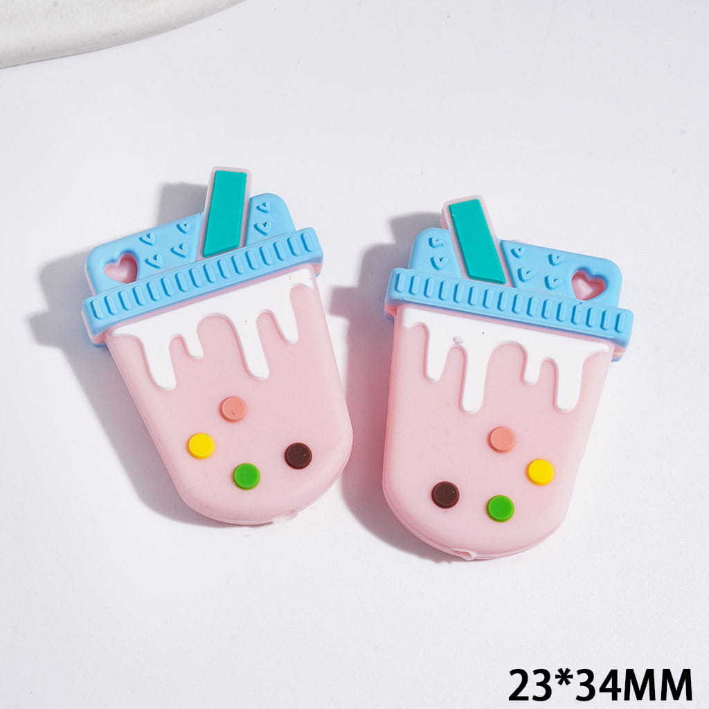 Cute Pink Dripping Cream Drink Cup with Blue Lid Silicone Focal Beads, 23*34MM
