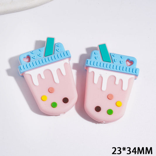 Cute Pink Dripping Cream Drink Cup with Blue Lid Silicone Focal Beads, 23*34MM