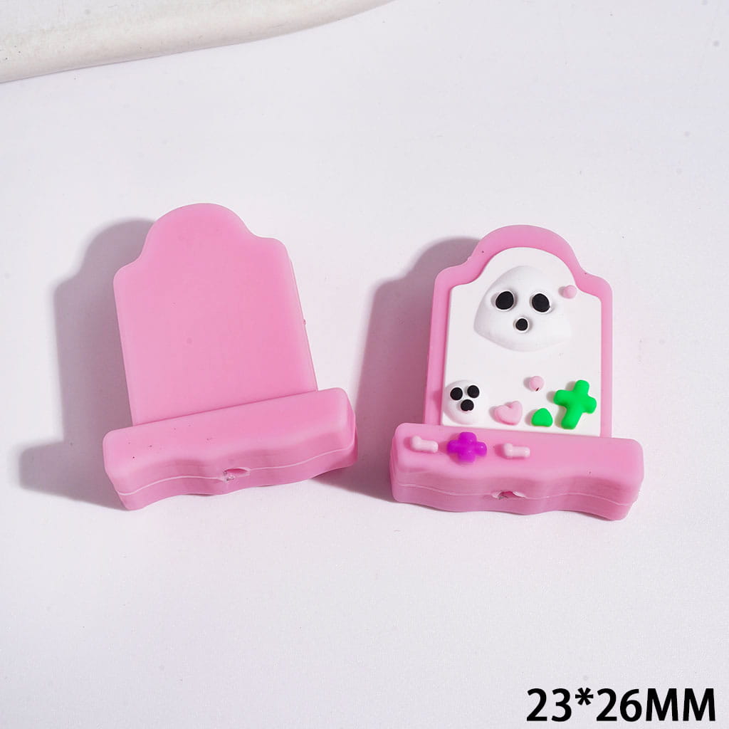 3D Cute Ghost, Cross & Heart Design Pink Tombstone-Shaped Silicone Focal Beads, 23*26MM