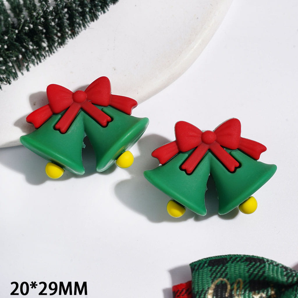 3D Green Double Bells with Red Bows and Yellow Clappers Christmas Theme Silicone Focal Beads, 20*29MM