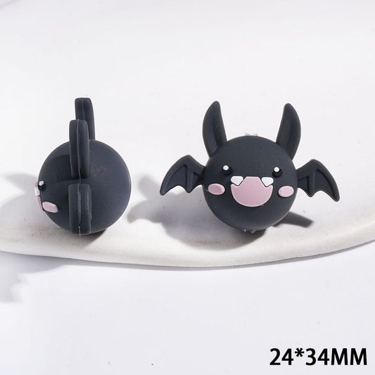 3D Spooky Dark Gray Bat with Horns & Spread Wings Silicone Focal Beads, 24*34MM
