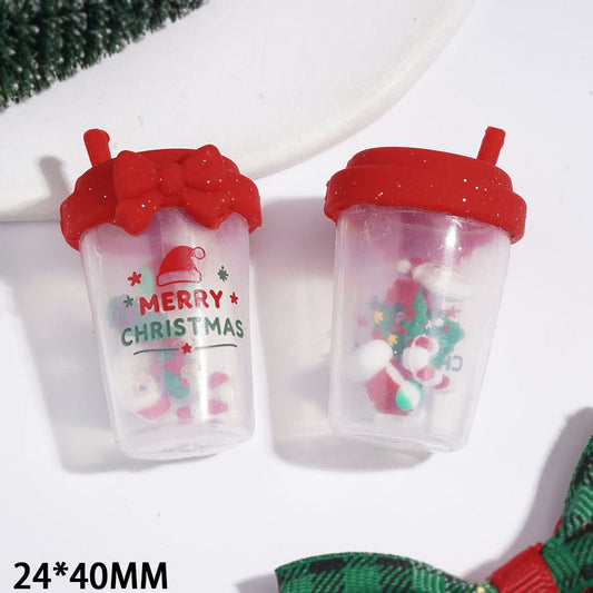 Festive Christmas Tree Milk Tea Cup with Red Bowtie, Santa Claus, Stocking, Wreath & Bell Shaker Design Silicone Focal Beads, 24*40MM