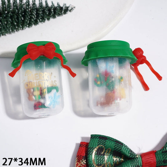 Festive Green Lid Christmas Bottle with Red Bowtie, Gingerbread Man, Wreath & Snowflake Shaker Design Silicone Focal Beads, 27*34MM