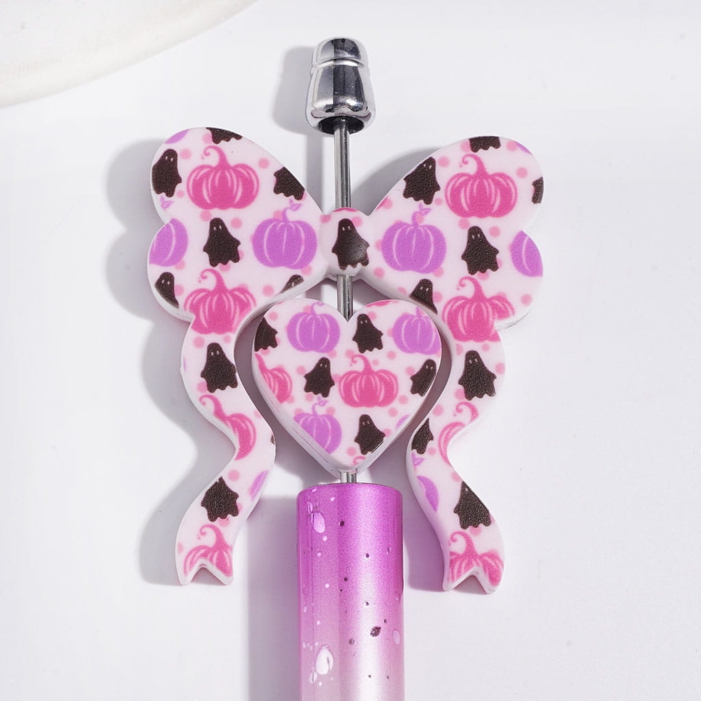 Spooky Black Ghost & Pink Purple Pumpkin Bowtie and Heart Shape Halloween Theme Silicone Focal Beads, 45*52MM