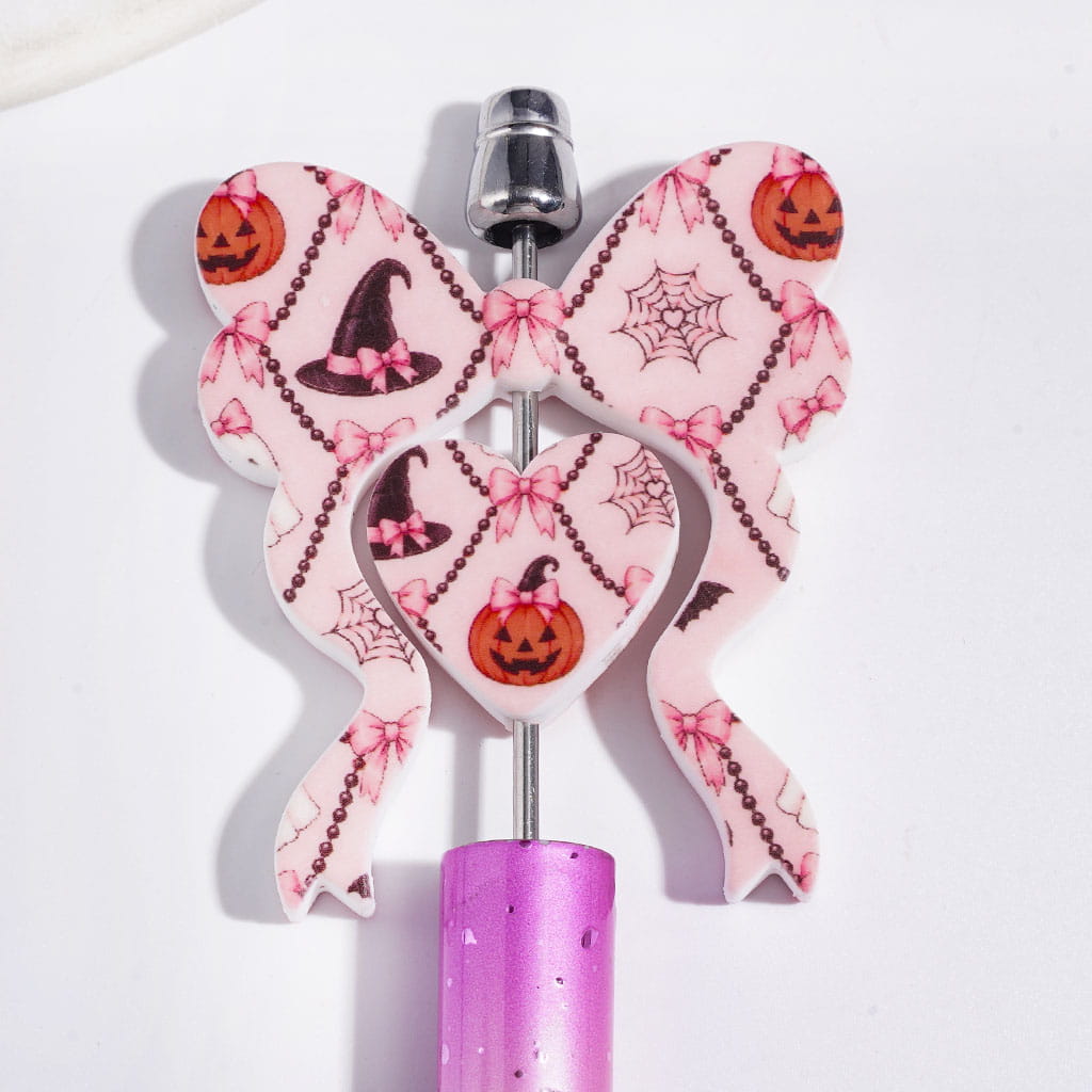 Spooky Wizard Hat, Horror Pumpkin & Spider Web Pink Bowtie & Heart Shape Halloween Theme Silicone Focal Beads, Collection Set, 45*52MM