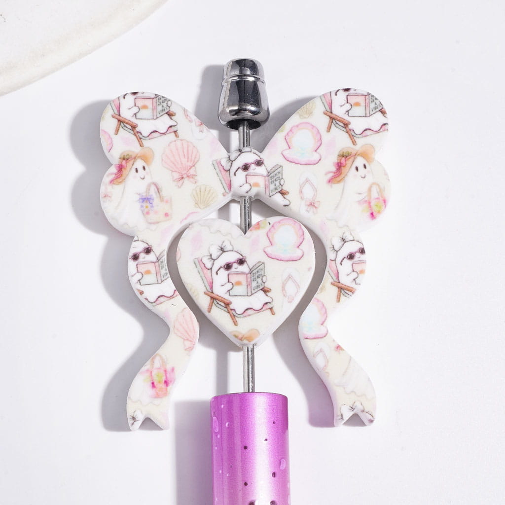 Cute Vacation Ghost & Scallop Pattern Bowtie and Heart Shape Silicone Focal Beads Collection Set, 45*52MM