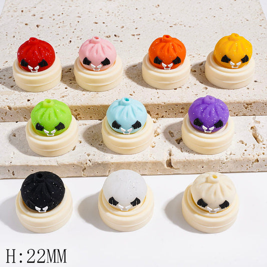 Spooky Dumpling Character with Shiny Silver Glitter on Steamer Basket Silicone Focal Beads, Height 22MM, Multicolor Random Mix
