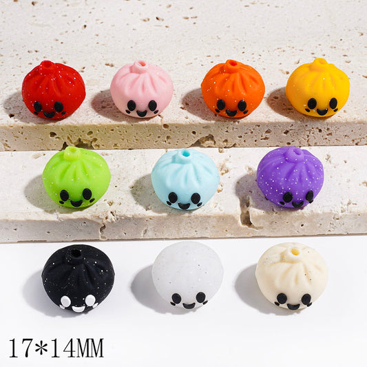 3D Happy Dumpling Character with Sparkling Silver Glitter Silicone Focal Beads, 17*14MM, Multicolor Random Mix