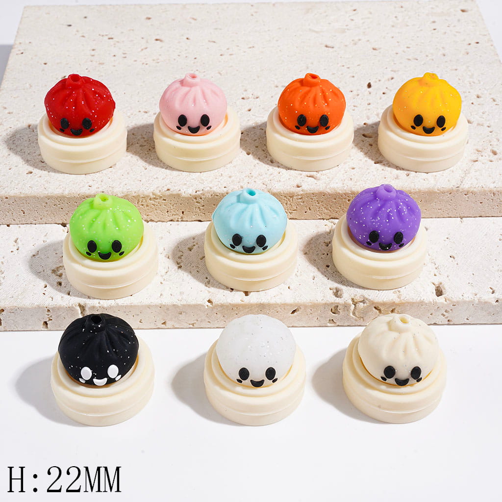Smiling Dumpling with Silver Glitter on Steamer Basket Silicone Focal Beads, Height 22MM Multi-Color Random Mix