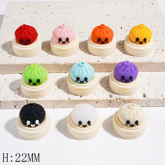 Happy Dumpling Character with Sparkling Silver Glitter on Steamer Basket Silicone Focal Beads, Height 22MM, Multicolor Random Mix