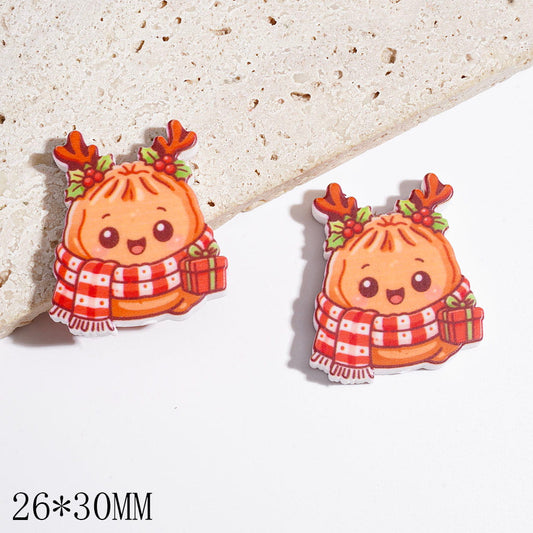 Festive Orange Dumpling with Antlers & Red-White Plaid Scarf Holding Christmas Gift Box Silicone Focal Beads, 26*30MM