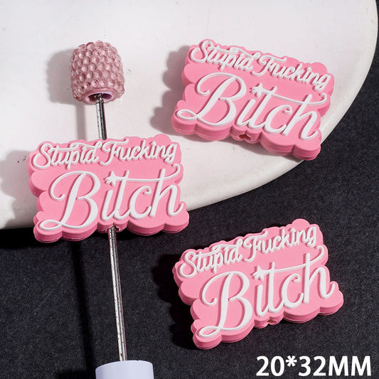 Playful White Color Humor Text Design on Pink Background Silicone Focal Beads, 20*32MM