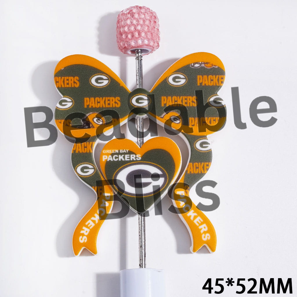 Silicone Focal Beads Bowtie and Heart Collection Set in Green Bay American Football, 45*52MM