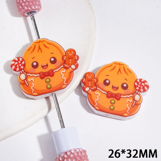 Smiley Orange Dumpling with Sweet Lollipop and Gingerbread Man Designs, Silicone Focal Beads, 26*32MM