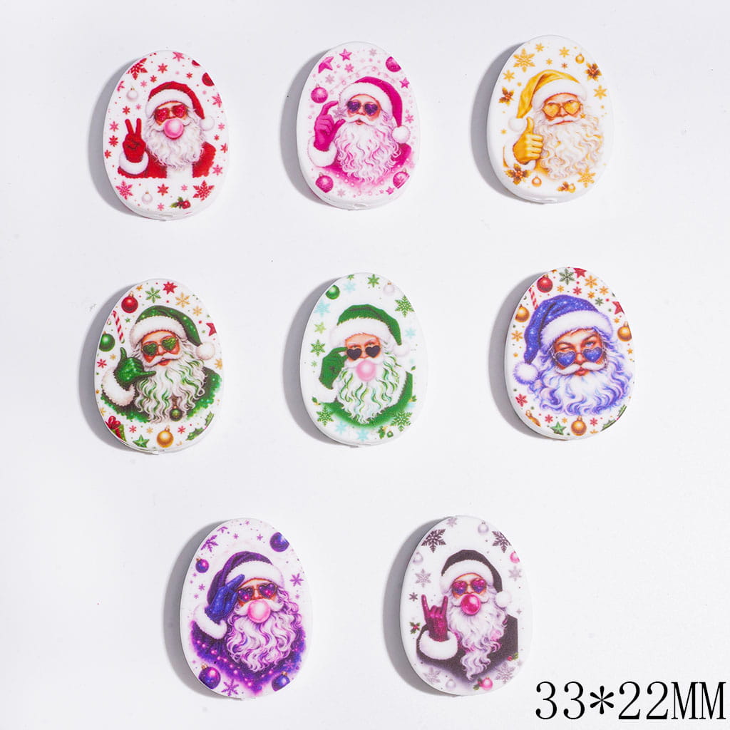 Jolly Santa Claus with Fun Gestures Character Series Flat Oval Silicone Focal Beads, 33*22MM, Random Mix