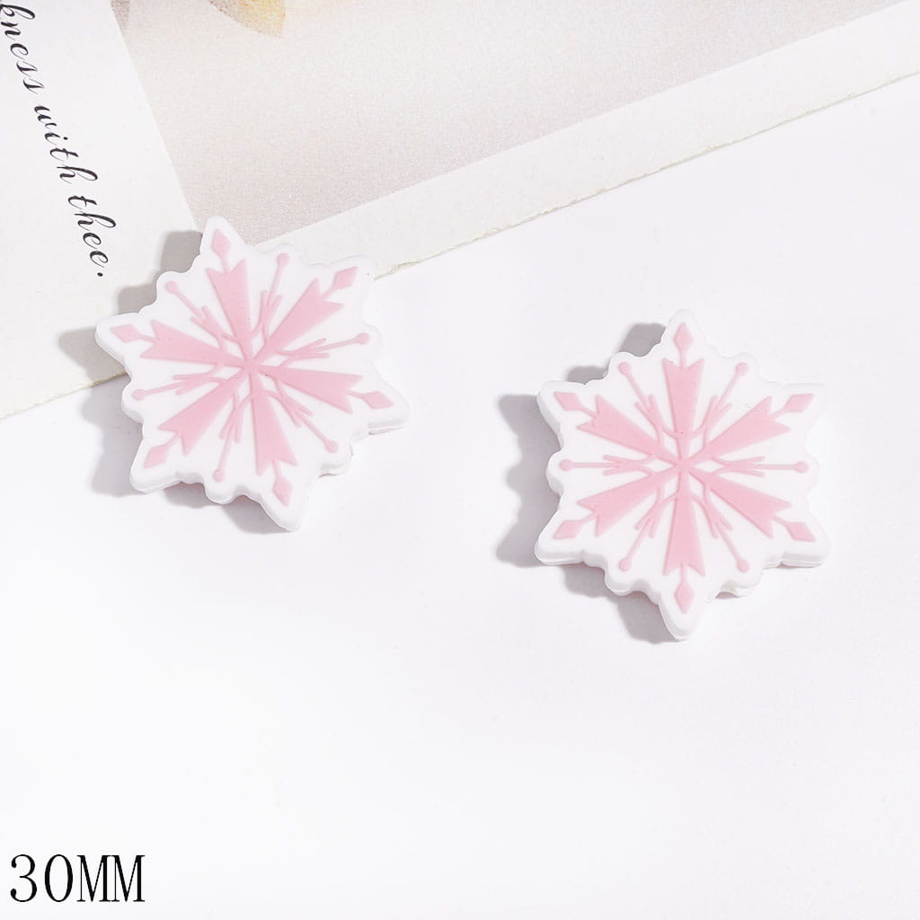 Chunky Snowflake Design with a White Base and Delicate Pastel Pink Snowflake Pattern Silicone Focal Beads, 30MM