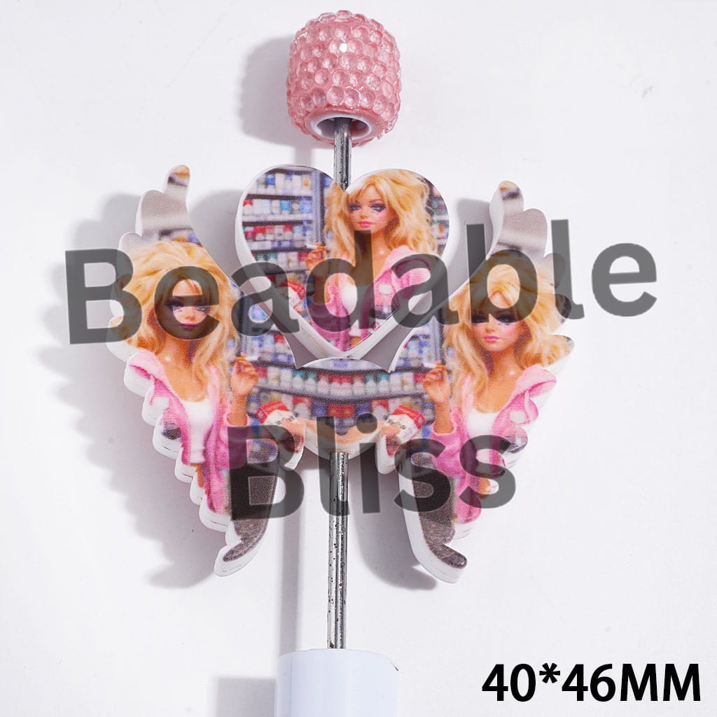 Printed Silicone Focal Beads Heart and Wing Set, Fashion Doll Characters Holding Cigarette Case, 40*46MM