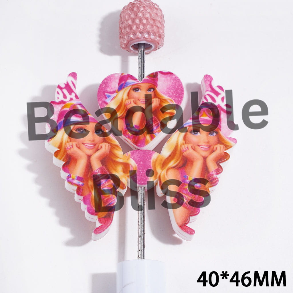 Printed Silicone Focal Beads Fashion Doll Characters with Colorful Headscarf and Bracelets, Heart and Wing Set, 40*46MM