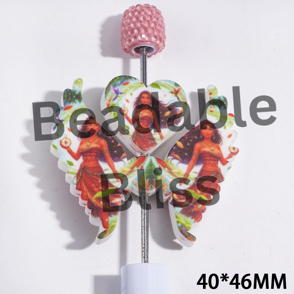 Printed Silicone Focal Beads Sea Navigator Adventure Girl Characters, Heart and Wing Set, 40*46MM