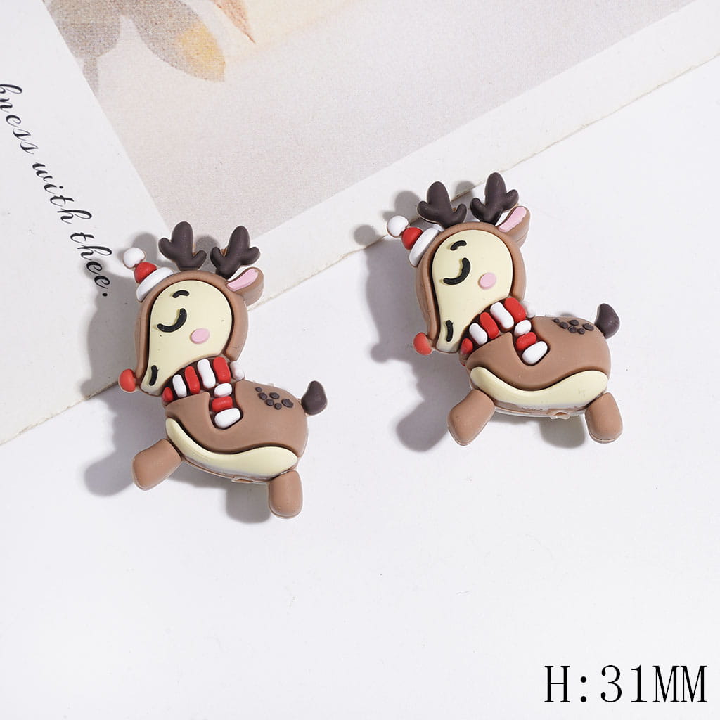 3D Reindeer with Christmas Red White Hat and Scarf Silicone Focal Beads, Height 31MM