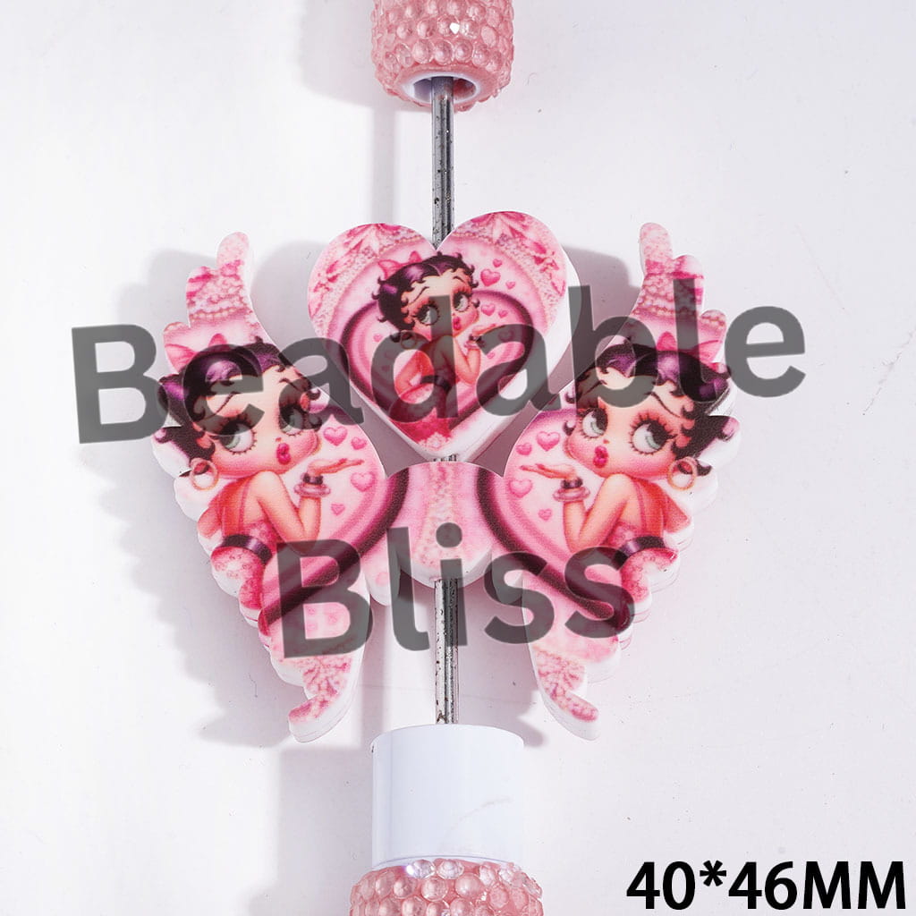 Printed Silicone Focal Beads Fashion Doll Characters with Flying Kiss Posture, Heart and Wing Set, 40*46MM