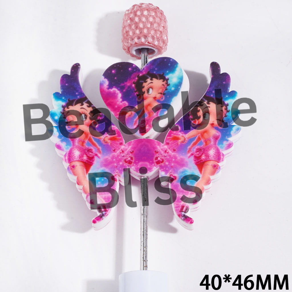 Printed Silicone Focal Beads Fashion Doll Characters with Blink Eyes in Pink Blue Sky, Heart and Wing Set, 40*46MM