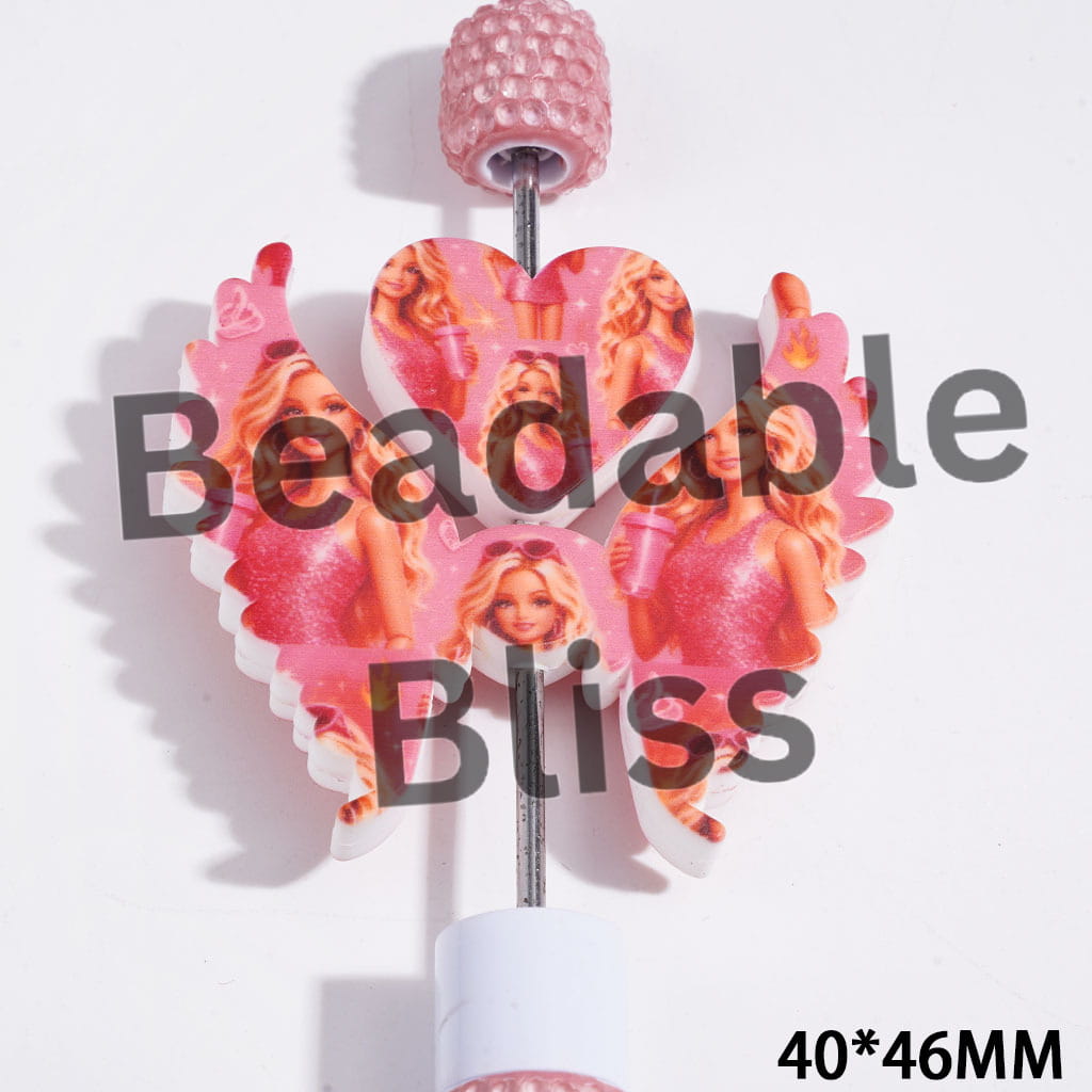 Printed Silicone Focal Beads Fashion Doll Characters with Gold Hair and Pink Dress Take Wate Cup, Heart and Wing Set, 40*46MM