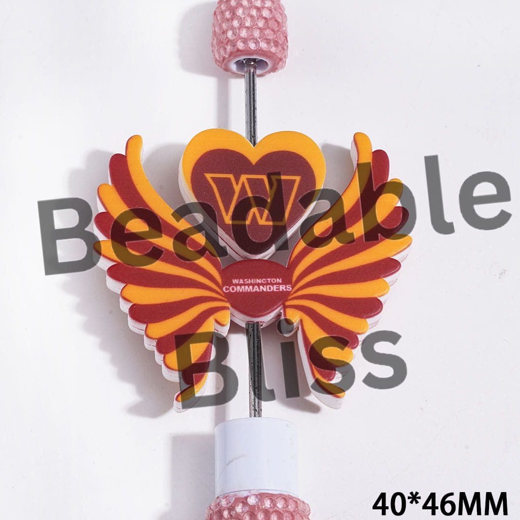 Printed Silicone Focal Beads American Football Team Washington Pattern, Heart and Wing Set, 40*46MM