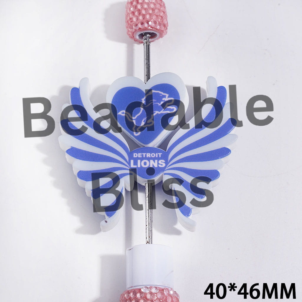 Printed Silicone Focal Beads American Football Detroit Team Pattern, Heart and Wing Set, 40*46MM