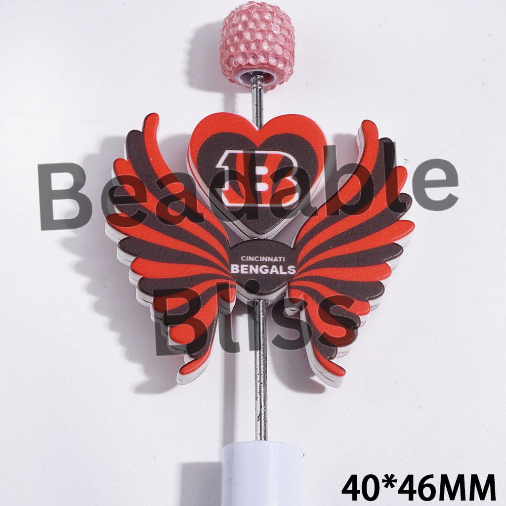 Printed Silicone Focal Beads Cincinnati Football Team Pattern, Heart and Wing Set, 40*46MM
