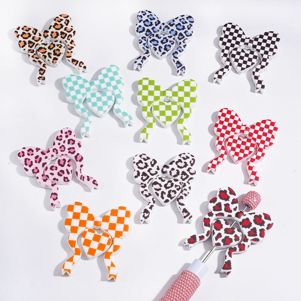 Trendy Checkered and Leopard Print Heart and Bowtie Silicone Focal Bead Set, 45*53MM, Multi-Color, Random Mix