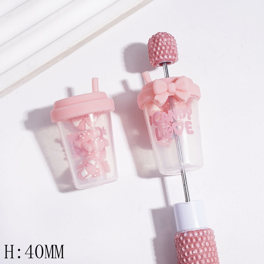 Pink Milk Tea Cup Beads with Mini Candy and Bowtie, Silicone Focal Shaker Beads, Height 40MM