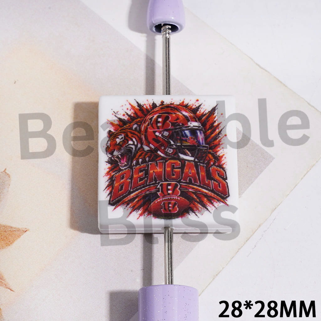 Silicone Focal Beads with Cincinnati Football Team Pattern, Flat Square Shape, 28*28MM