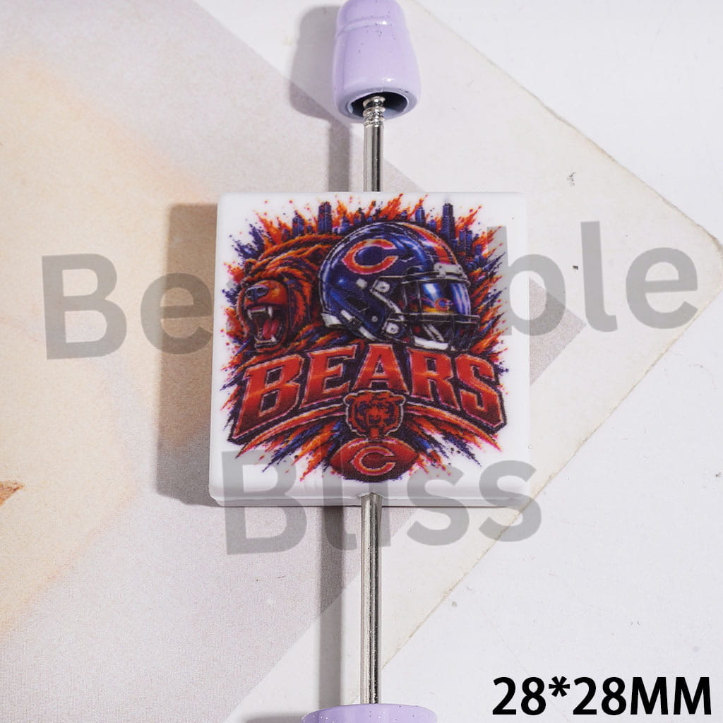 Silicone Focal Beads with American Football Chicago Team Pattern, Flat Square Shape, 28*28MM