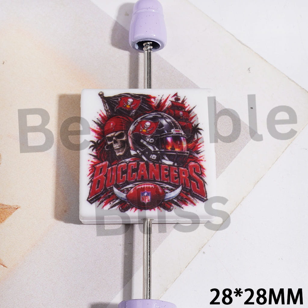 Silicone Focal Beads with American Football Tampa Pattern, Flat Square Shape, 28*28MM