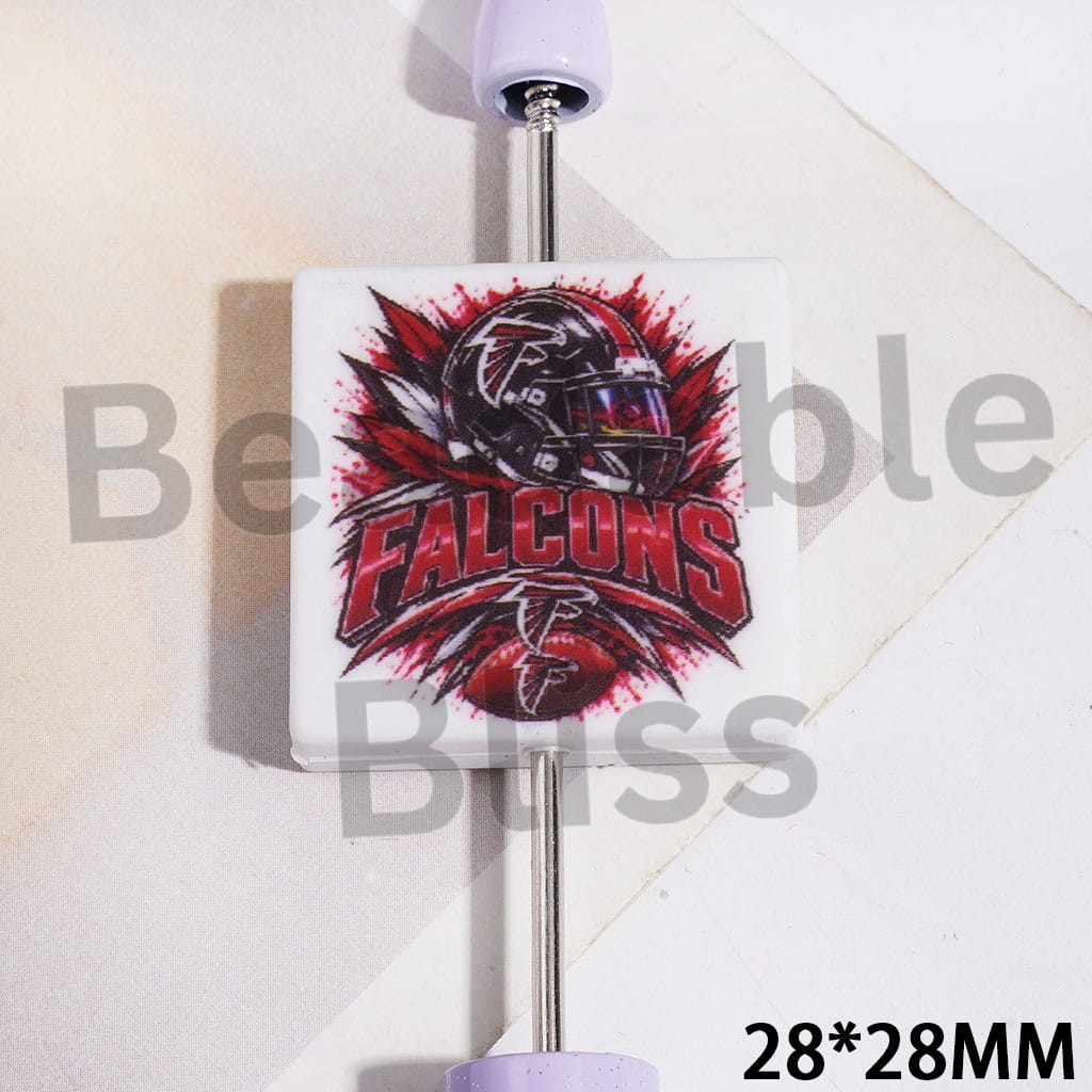 Silicone Focal Beads with American Football Atlanta Team Pattern, Flat Square Shape, 28*28MM