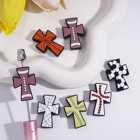 JESUS Cross with Sports Ball Textures Silicone Focal Beads