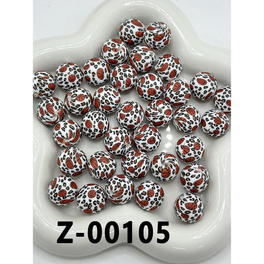 Basketball Printed Round  Brown Jaguar Leopard Prints Silicone Beads 15mm, Number Z-00105