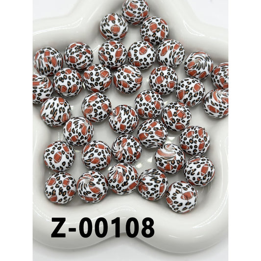 Round Printed Brown American Football Jaguar Leopard Prints Silicone Beads 15mm, Number Z-00108