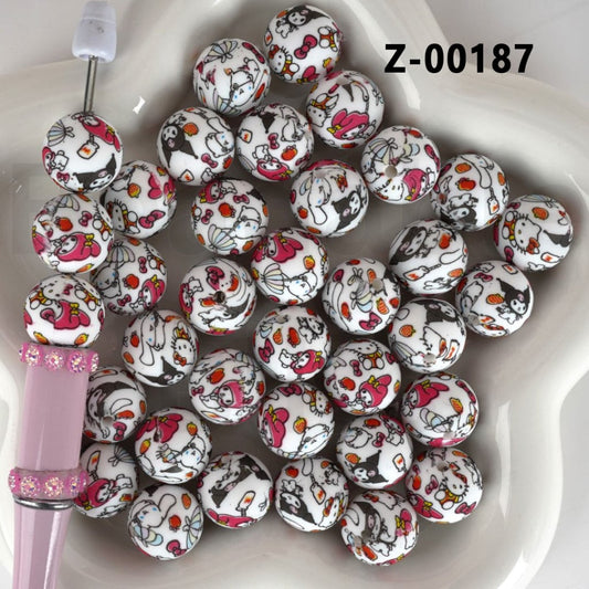 Adorable Cat Character Round Printed Cute Silicone Beads 15mm, Number Z-00187