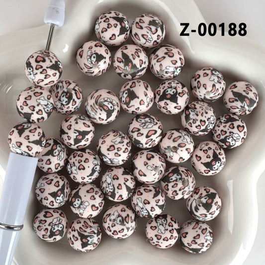 Round Printed Cute Pink Heart Adorable Character Silicone Beads 15MM, Number Z-00188