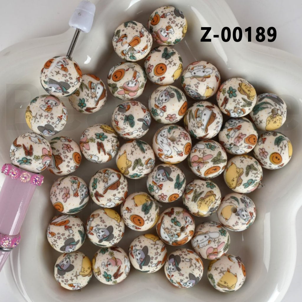 Cute Cat Character with Hats Round Printed Silicone Beads 15MM, Number Z-00189