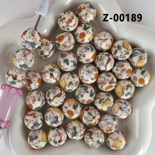 Printed Cute Cat Character with Hats Round Silicone Beads 15MM, Number Z-00189