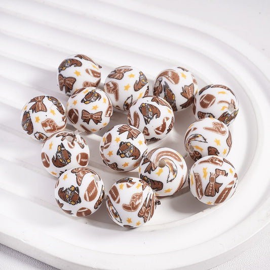 American Football Prints Silicone Focal Beads, 15MM