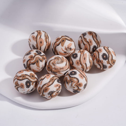 Brown Black Daisy Flowers and Wavy Stripes Printed Silicone Beads 15MM